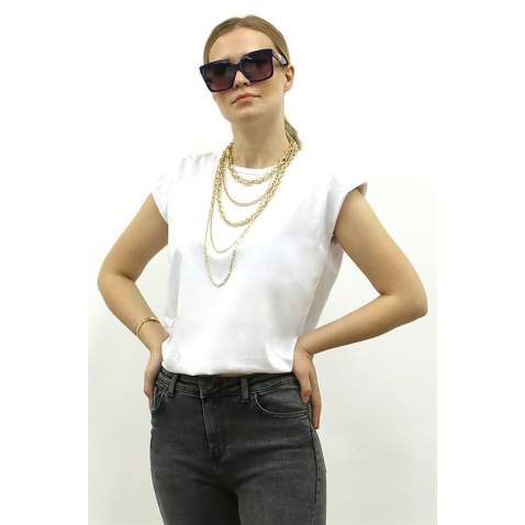 Mad Girls White Shoulder Pad T-shirt MG228 - Beyaz