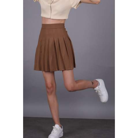 Women Basic Pleated Brown Skirt MG1484 - Kahverengi