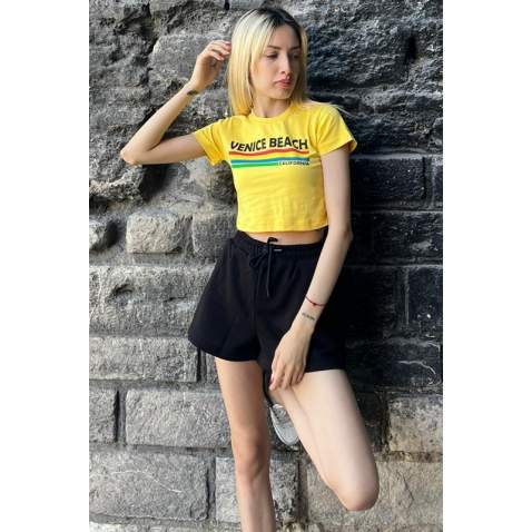 Yellow Printed Crop T-Shirt MG1535 - Sarı