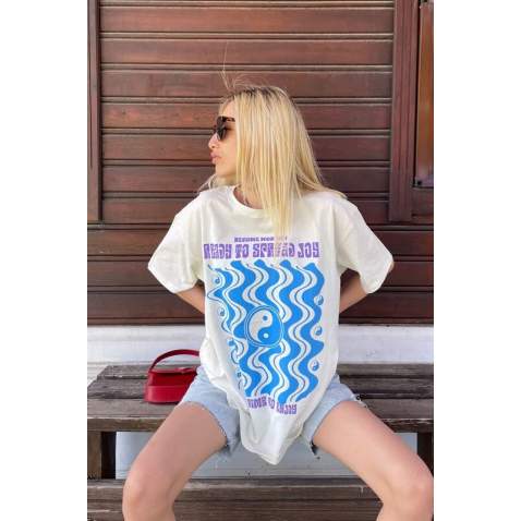 Women Printed White Over Fit T-Shirt MG1500 - Beyaz