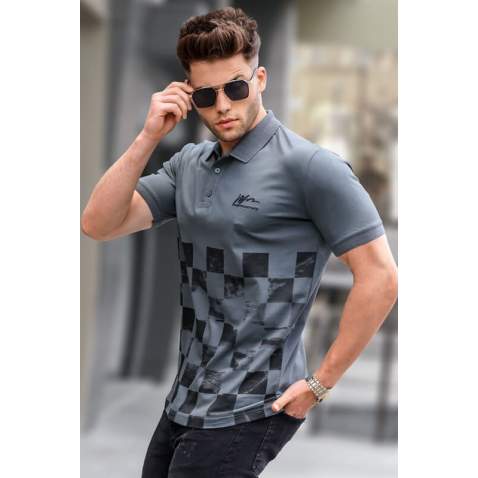 Smoke Gray Designed Polo T-Shirt 5871 - Füme