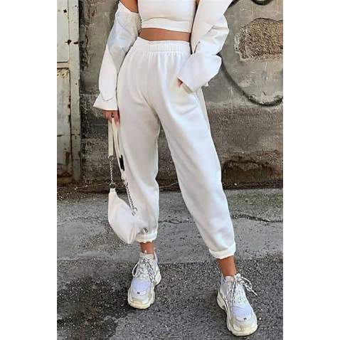 Mad Girls Oversize Elastic Cuffed White Sweatpants MG324 - Beyaz