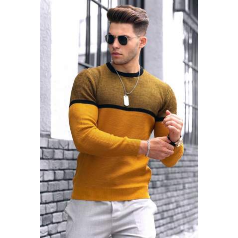 Madmext Men Color Blocked Mustard Sweater 4734 - Hardal