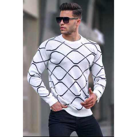 White Designed Knitwear Sweater 5988 - Kemik rengi