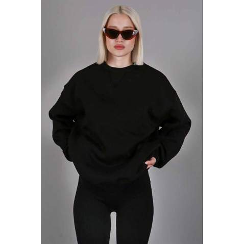 Siyah Kaşkorse Detaylı Bisiklet Yaka Sweatshirt MG1567 - Siyah