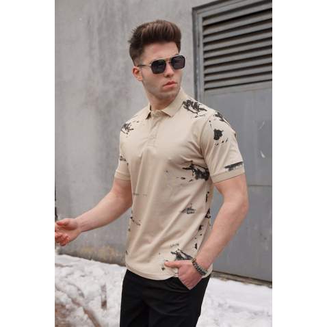 Men Designed Beige Polo T-Shirt - Bej