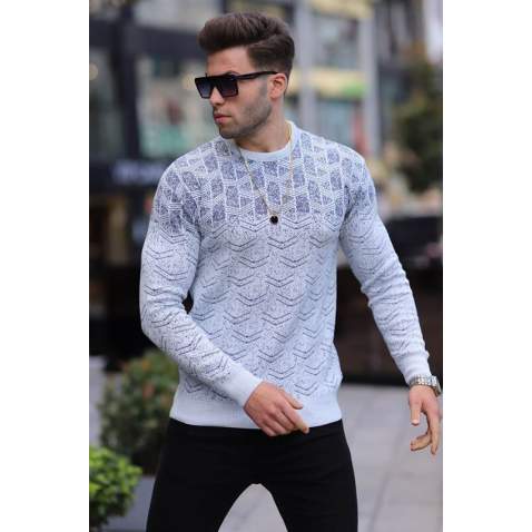 Ice Gray Designed Knitwear Sweater 5971 - Buz grisi