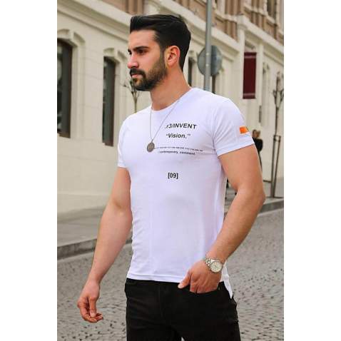 Madmext White Printed T-shirt for Men 3033 - Beyaz