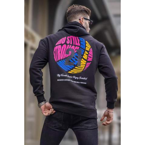 Siyah Kabartma Baskılı Kapüşonlu Sweatshirt 6042 - Siyah