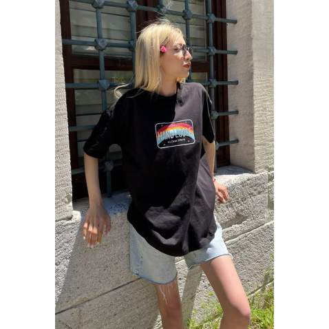 Women Printed Oversize Black T-Shirt MG808 - Siyah