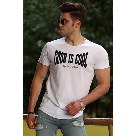 Madmext White Printed T-shirt for Men 4462 - Beyaz