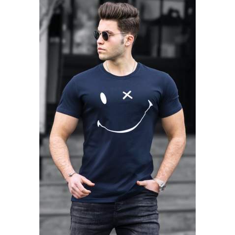 Madmext Men Printed Navy Blue T-shirt 5060 - Lacivert