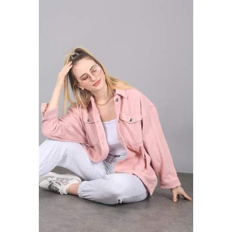 Mad Girls Oversize Soft Pink Woolen Jacket Mg1199 - Pudra