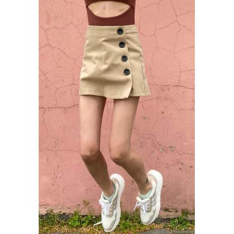 Women Black Side Button Mini Skirt - Camel