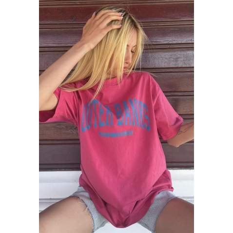 Women Printed Oversize Fuchsia T-Shirt - Fuşya