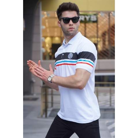 Striped White Polo T-Shirt 5877 - Beyaz