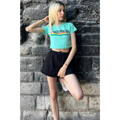 Mint Green Printed Crop T-Shirt MG1535 - Mint yeşili