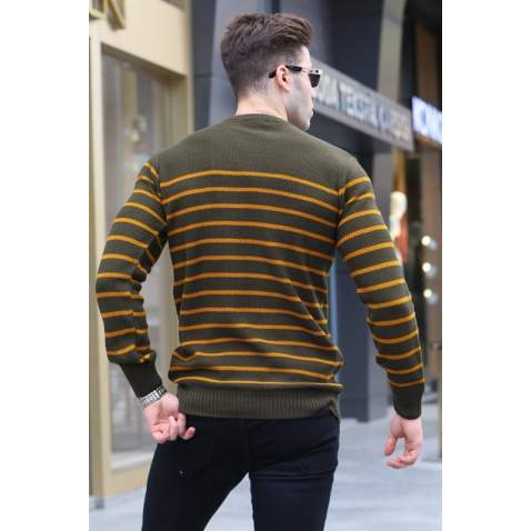 Khaki Striped Knitwear Sweater 5992 - Haki