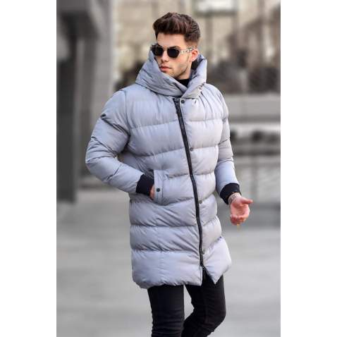 Stone Gray Hoodie Long Puffer Jacket 5743 - Taş rengi