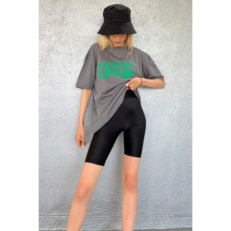 Women Printed Oversize Smoke Gray T-Shirt MG1490 - Füme