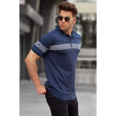 Men Striped Navy Blue Polo T-Shirt 5878 - Lacivert