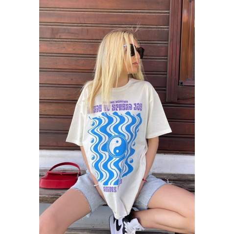 Women Printed White Over Fit T-Shirt MG1500 - Beyaz