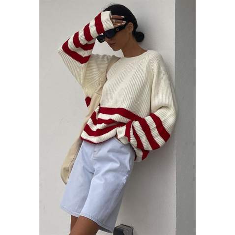 Mad Girls Ecru Striped Sweater MG1254 - Ekru