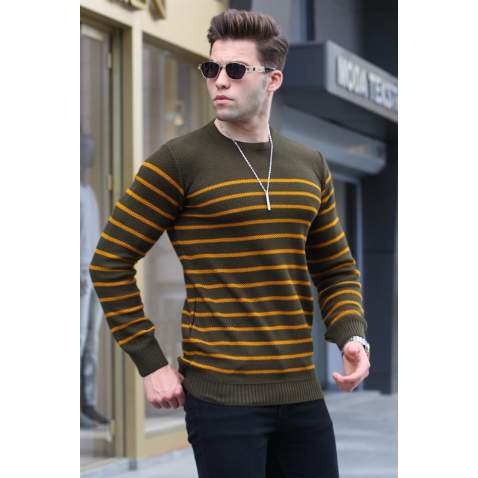 Khaki Striped Knitwear Sweater 5992 - Haki