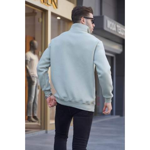 Mint Yeşili Fermuar Yaka Baskılı Sweatshirt 6028 - Mint yeşili