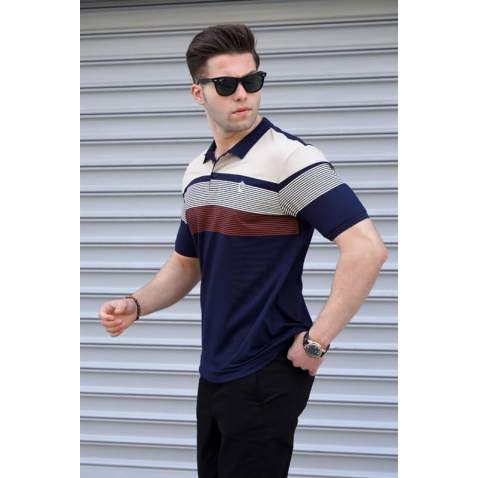 Men Striped Navy Blue Polo T-Shirt - Lacivert