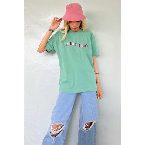 Mint Green Printed Oversize T-Shirt MG1517 - Mint yeşili