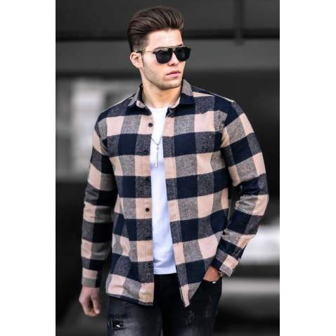 Madmext Men Plaid Beige Shirt 4664 - Bej