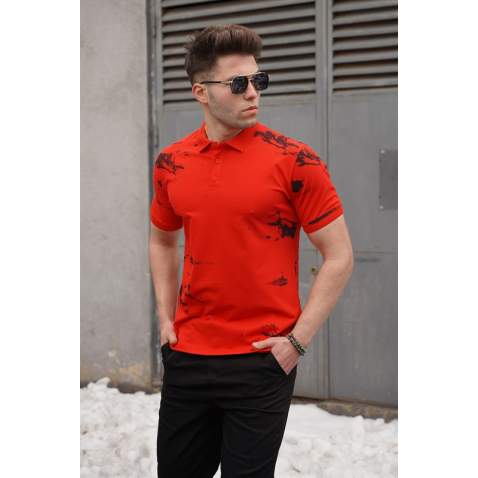 Men Designed Red Polo T-Shirt - Kırmızı