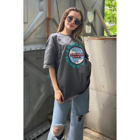 Women Printed Oversize Smoke Gray T-Shirt - Füme