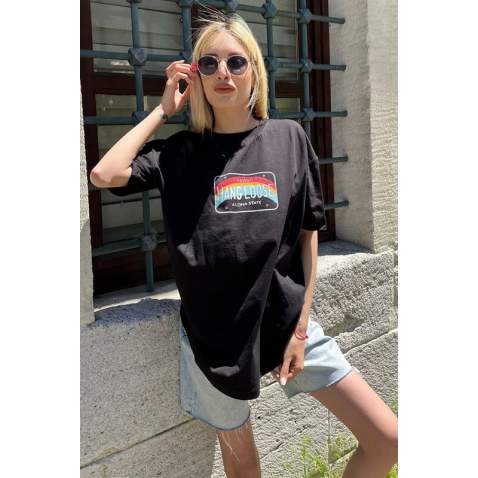 Women Printed Oversize Black T-Shirt MG808 - Siyah