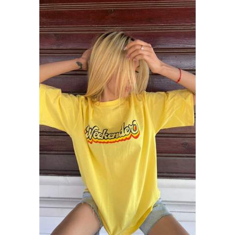 Women Printed Oversize Yellow T-Shirt - Sarı