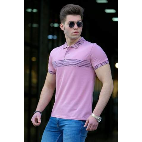 Madmext Soft Pink Patterned Polo Shirt 3058-2 - Pudra