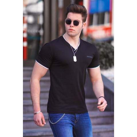 Madmext Men V Neck Black Plain T-shirt 4447 - Siyah