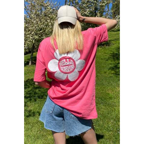 Women Printed Oversize Fuchsia T-Shirt - Pembe