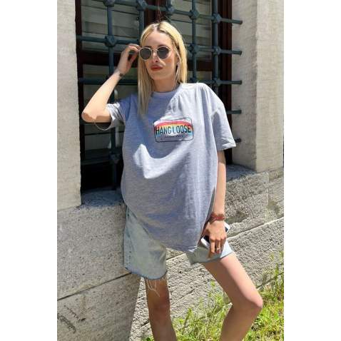 Women Printed Oversize Gray T-Shirt MG808 - Gri