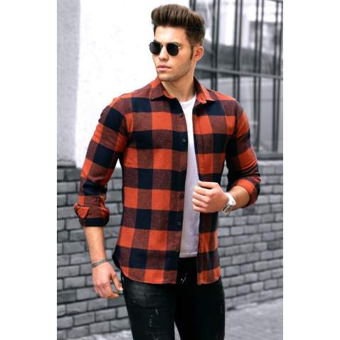 Madmext Men Plaid Tile Red Shirt 4664 - Kiremit