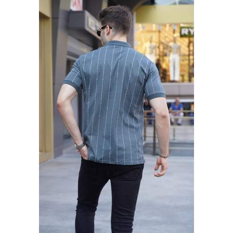 Men Striped Smoke Gray Polo T-Shirt 5879 - Füme