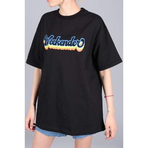 Women Printed Oversize Black T-Shirt - Siyah