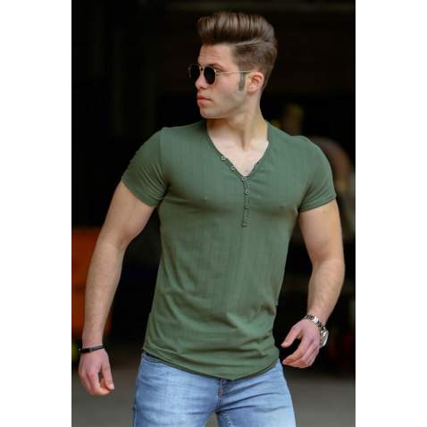 Madmext Men V Neck Khaki Plain T-shirt 4551 - Haki