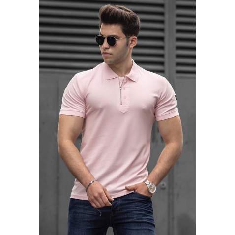 Madmext Men Soft Pink Polo Zipper T-shirt 4636 - Pudra