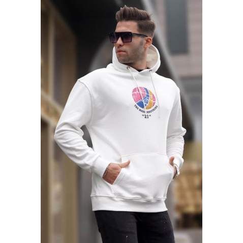 Ekru Kabartma Baskılı Kapüşonlu Sweatshirt 6042 - Ekru