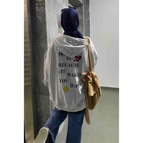 Mad Girls Printed Gray Hoodie Sweatshirt MG1195 - Karmelanj