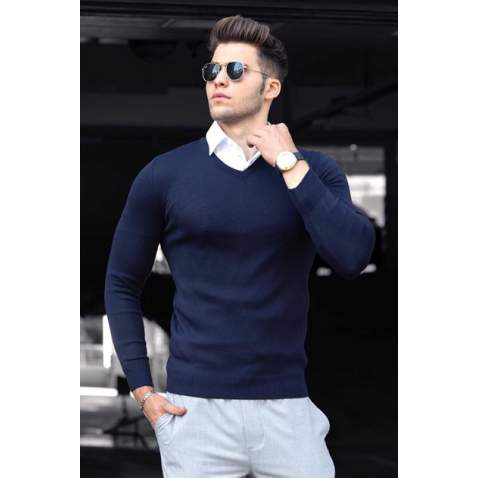 Madmext Navy Blue V-Neck Knitwear Jumper 4674 - Lacivert