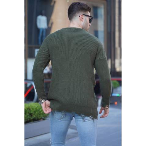 Khaki Ripped Design Knitwear Sweater 5998 - Haki