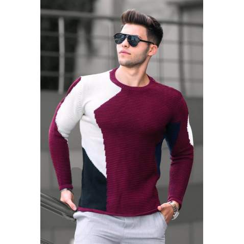 Madmext Maroon Two-Tone Crewneck Jumper 2770-2 - Bordo